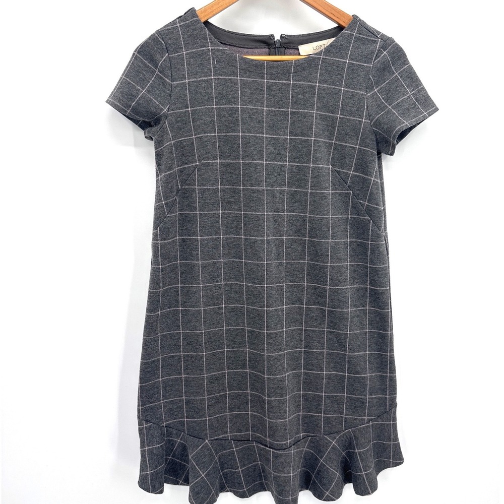 LOFT Womens Dress Size 0 Petite Grey Windowpane Plaid Ruffle Hem Small Shift
